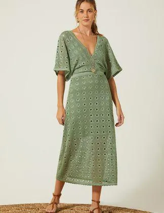 Vestido Tricot Decote Transpassado Renda