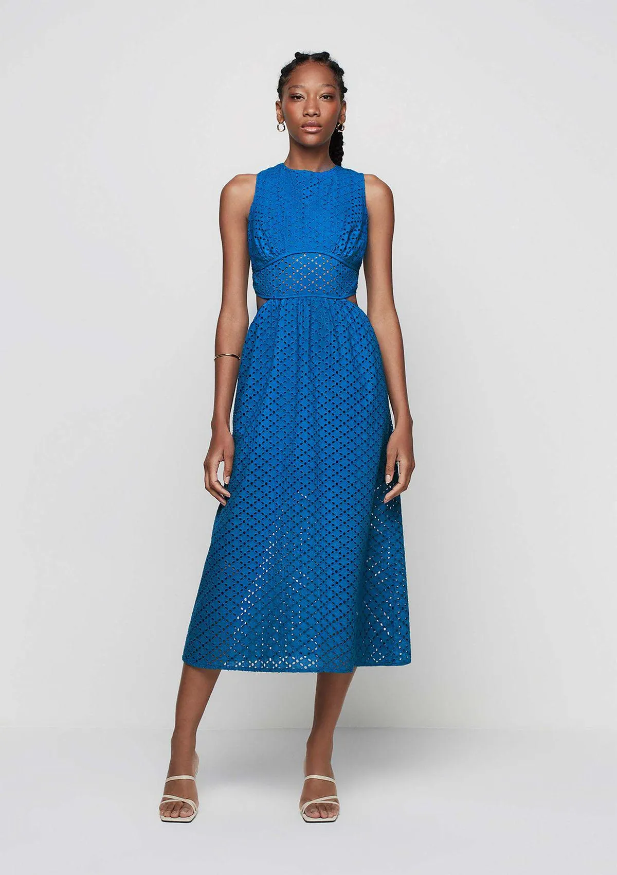 Vestido Midi Acinturado Em Laise - Azul