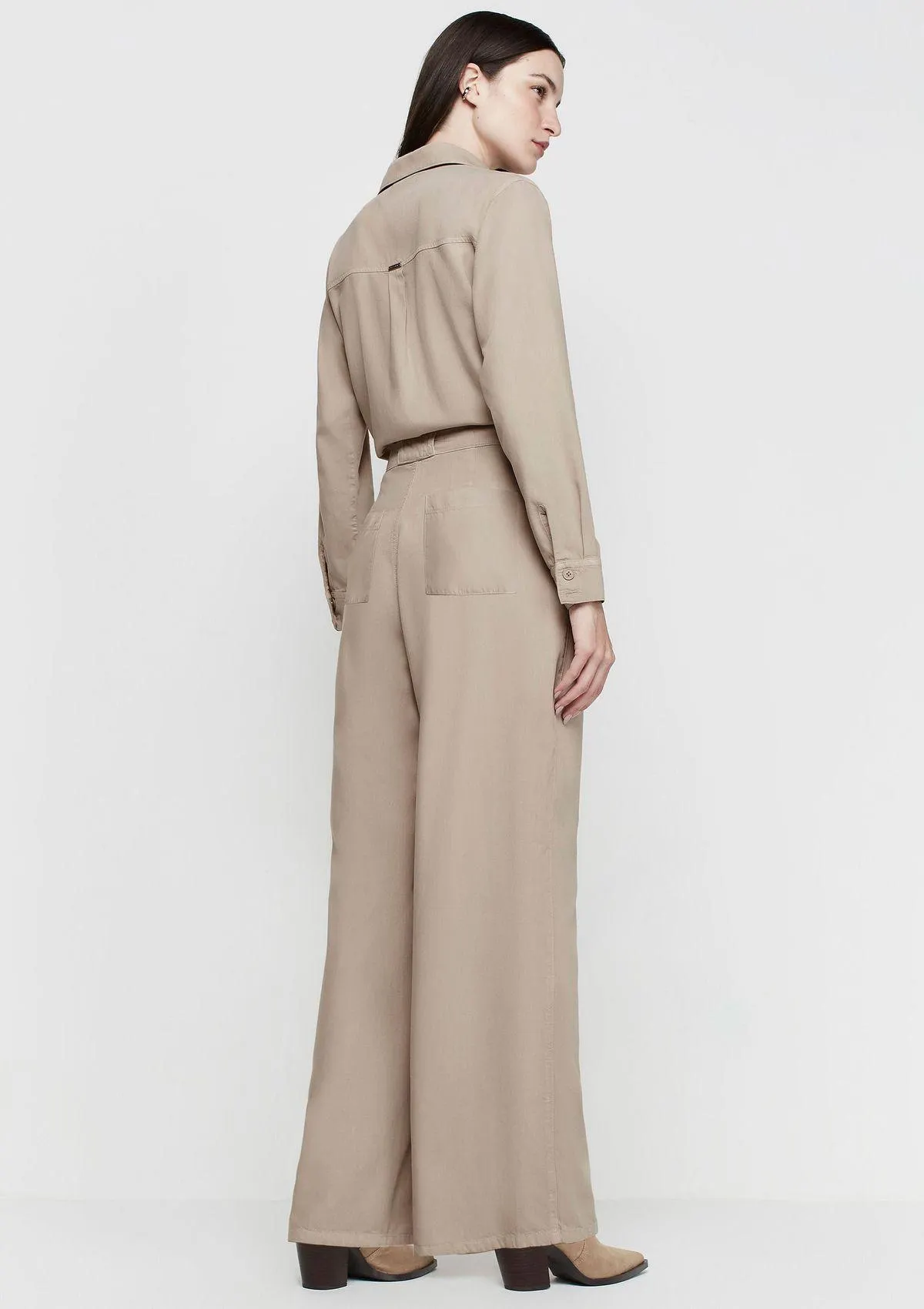 Calça Wide Leg Cintura Alta Em Sarja - Bege