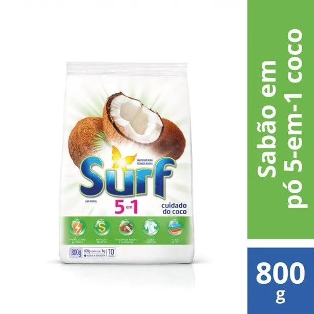 Lava-Roupas Em Pó 5 Em 1 Surf Cuidado Do Coco Sachê 800g