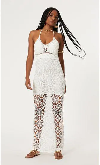 Vestido Longo Crochê Decote - Off