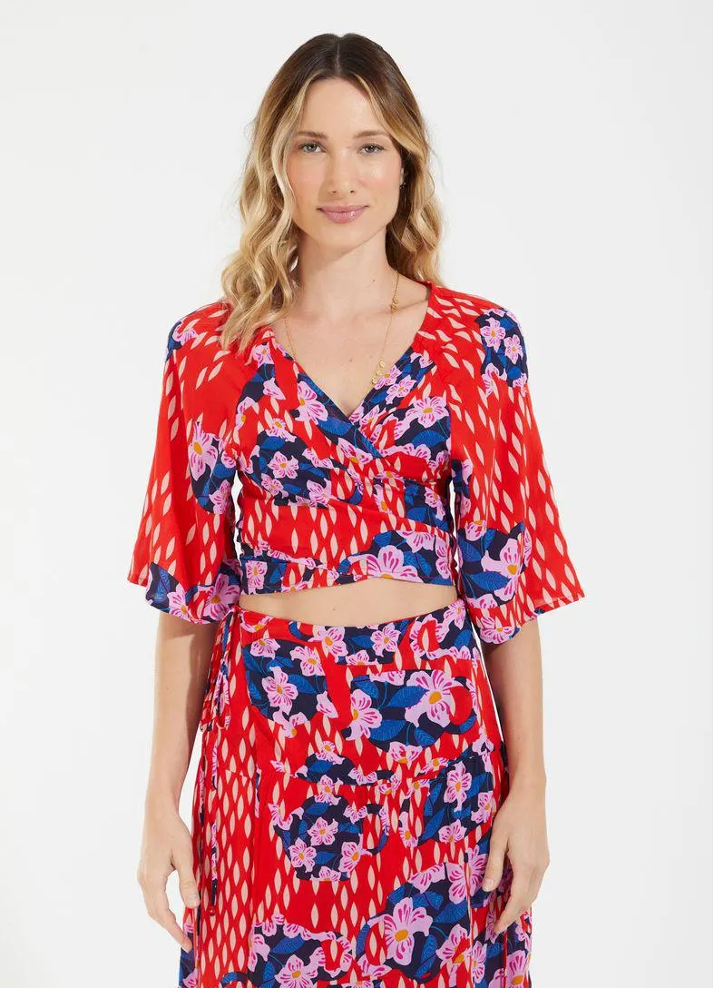 Blusa transpasse estampada bules