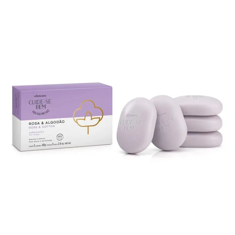 Sabonete em Barra Quinteto Cuide-se Bem Rosa e Algodão, 5 unidades de 80 g cada