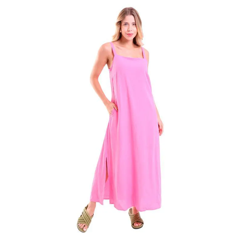 Vestido Midi Alcinhas Evasê com Fendas Olimpia Rosa Chiclete