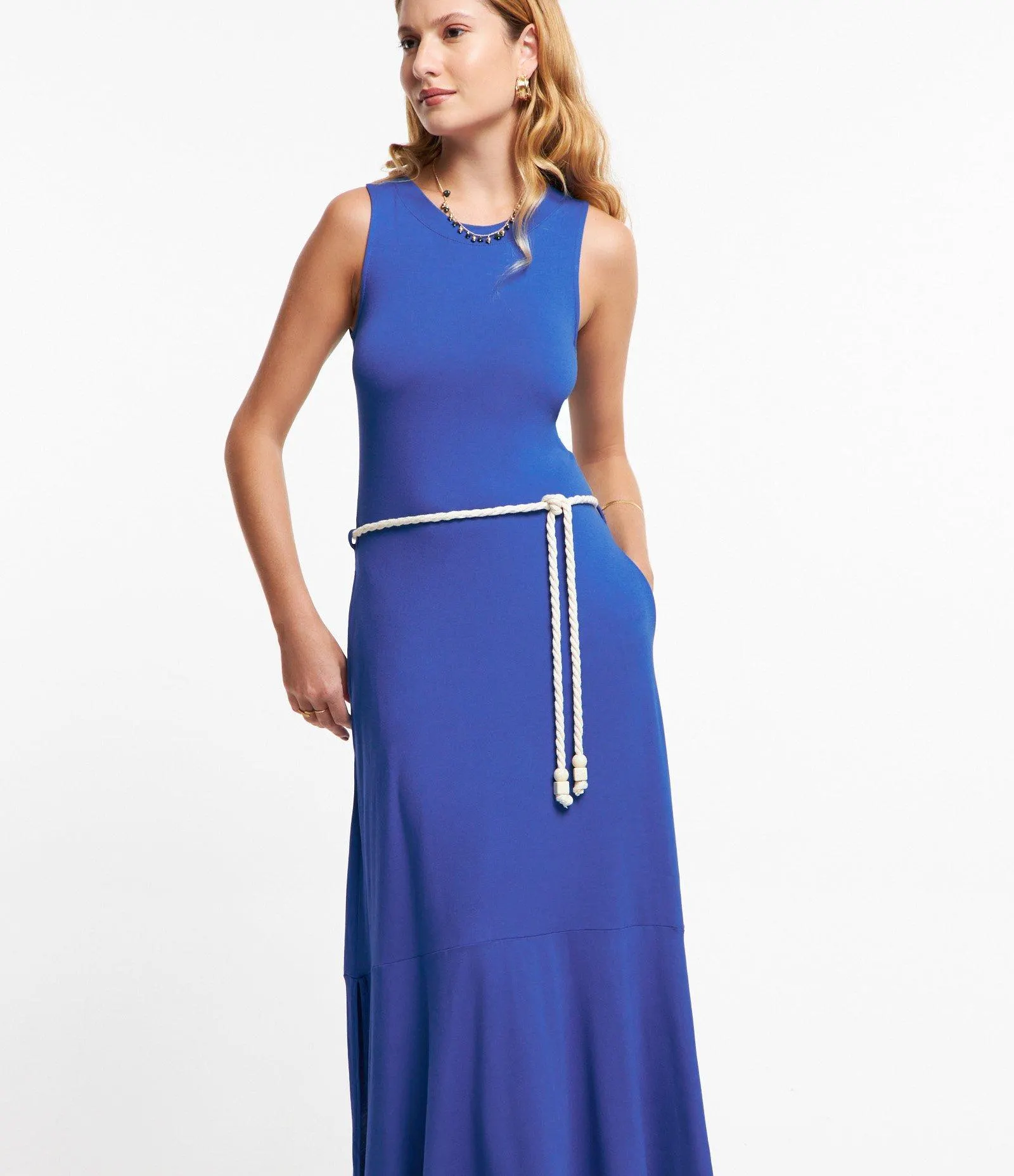 Vestido Midi em Viscose com Cinto Corda Azul
