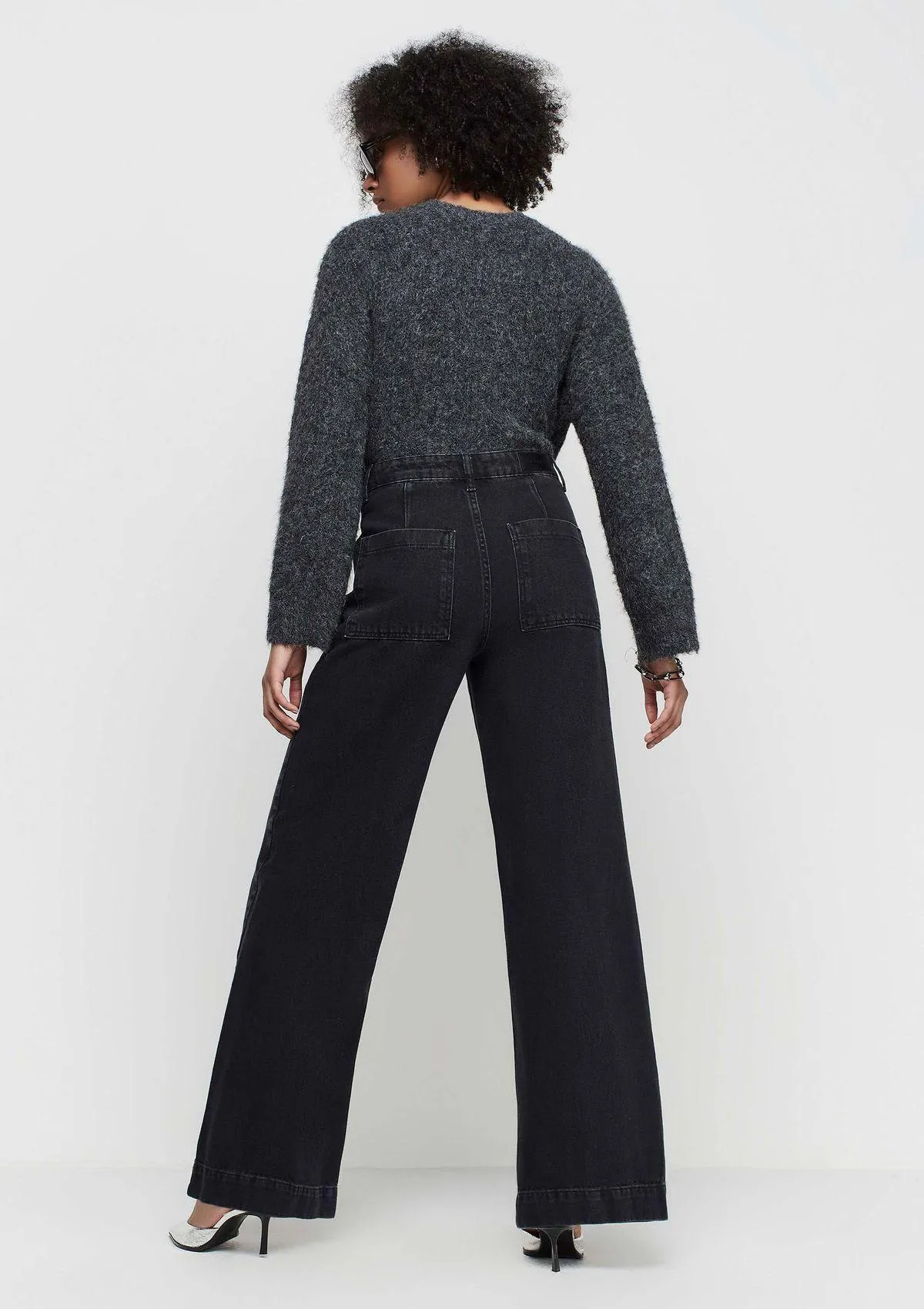 Calça Jeans Pantalona Cintura Alta - Preto