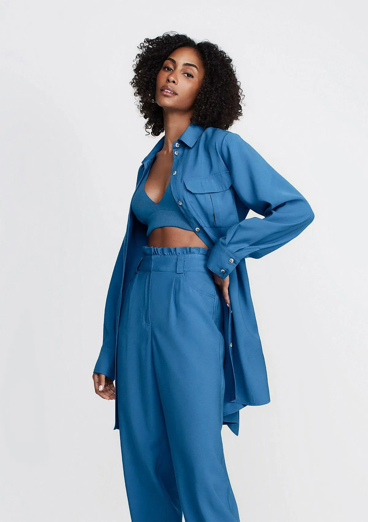 Vestido Chemise Curto Manga Longa Com Faixa - Azul