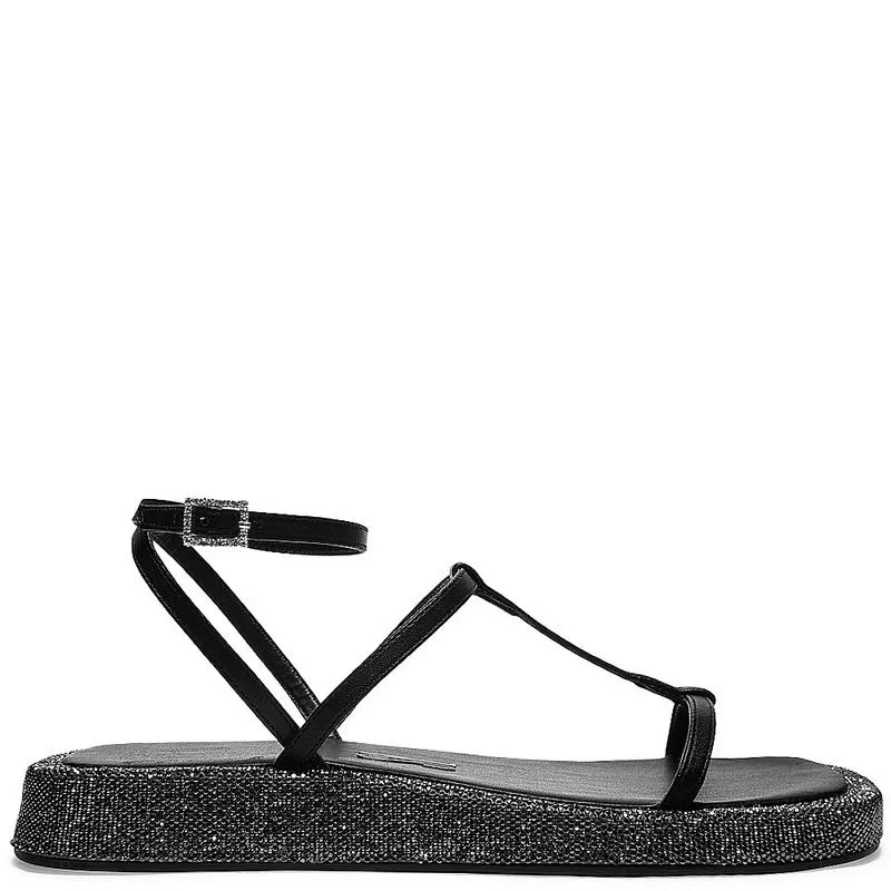 Sandália Papete Shiny Lolla Preta com Vira de Brilho Strass