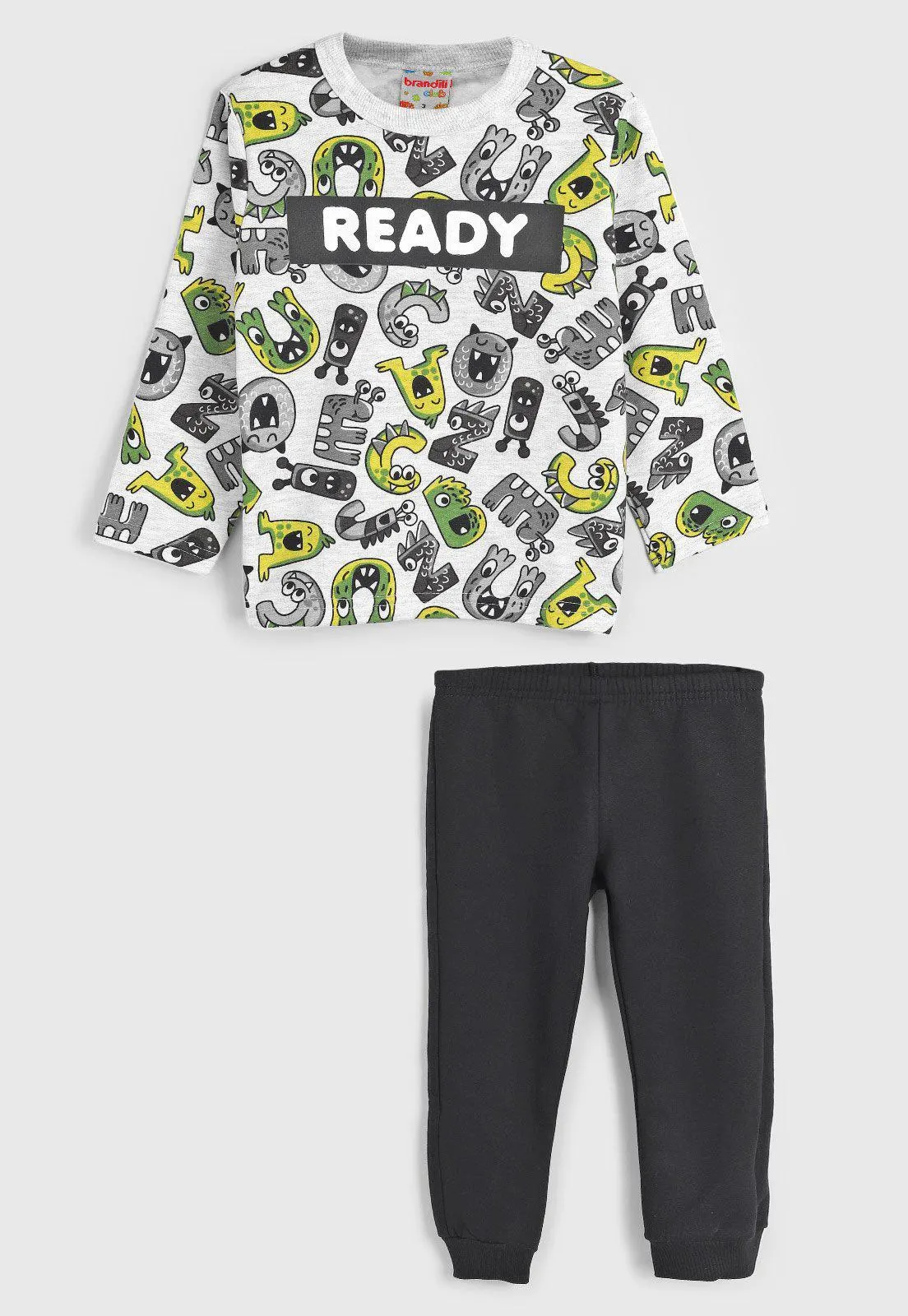 Conjunto Infantil 2pçs Manga Longa Brandili Dinossauro Cinza/Preto