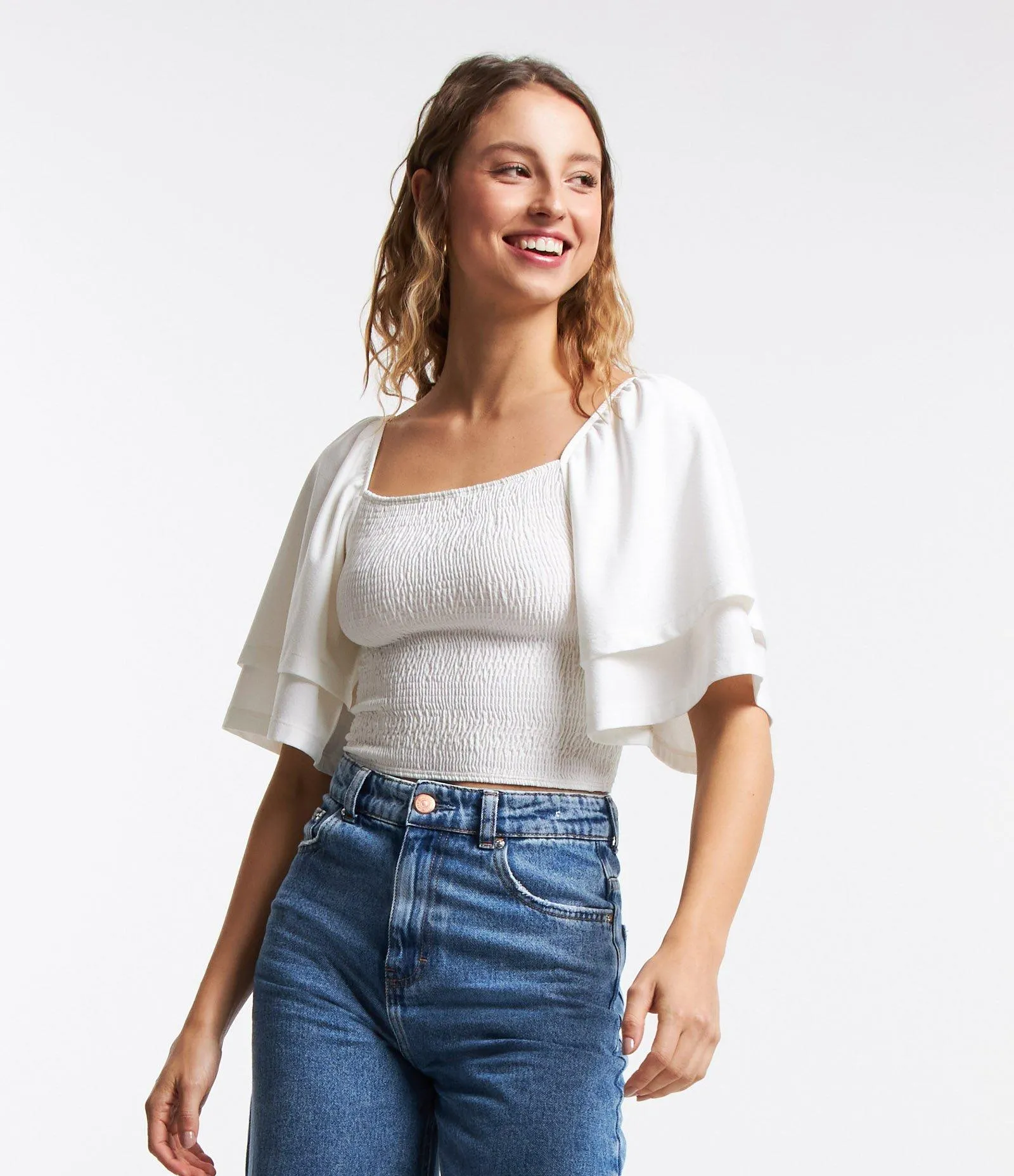 Blusa Curta em Lastex com Manga Godê Branco