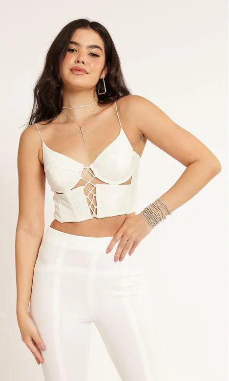 Cropped Corselet Malha Estruturada Detalhe Macramê - Off White