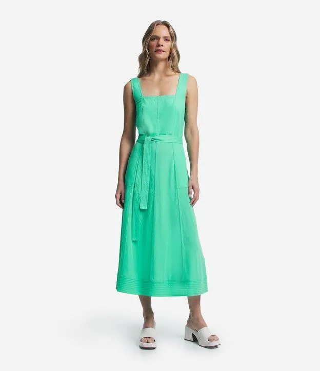 Vestido Midi em Orly com Detalhes Pespontados Verde