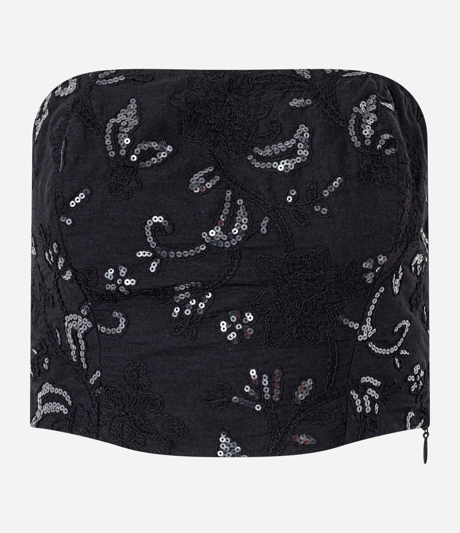 Blusa Cropped em Tela com Paetê Bordado e Zíper Lateral Preto