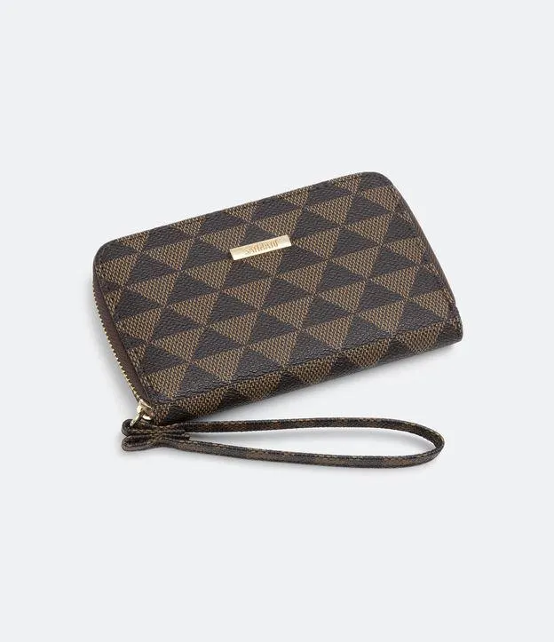 Carteira Pequena Estampa de Triângulos e Alça Marrom