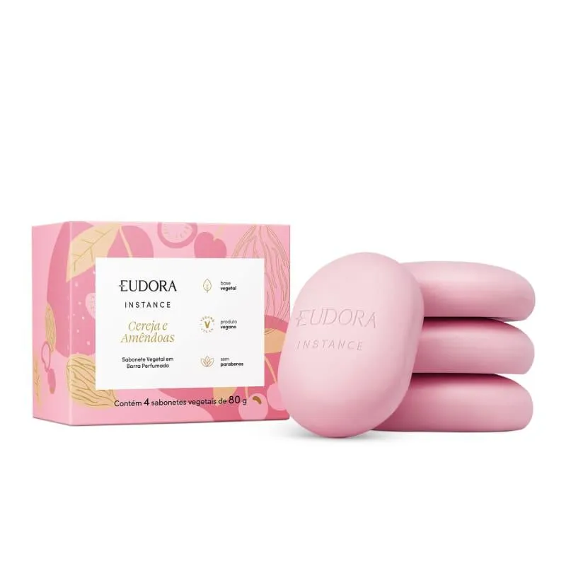 Kit Sabonetes em Barra Vegetal Perfumado Instance Cereja e Amêndoas 4x80g