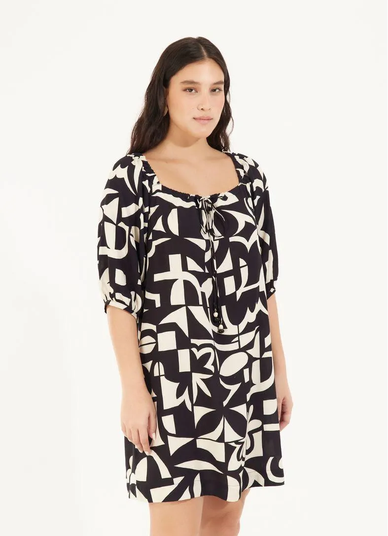 Vestido curto estampado sinais preto