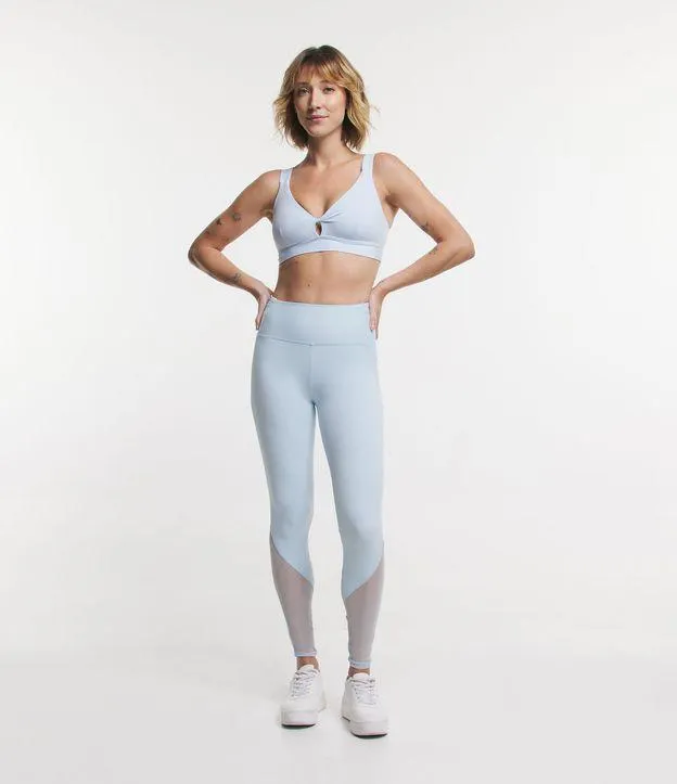Calça Legging Esportiva com Recortes Laterais em Tule Azul
