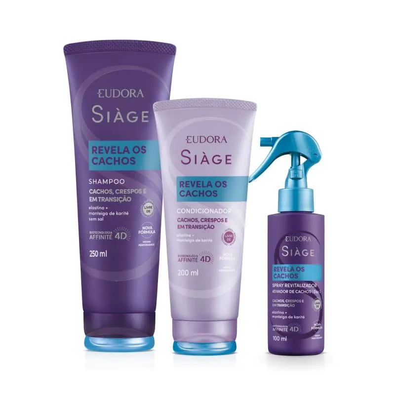 Combo Siàge Revela Os Cachos: Shampoo 250ml + Condicionador 200ml + Spray Capilar Revitalizador 100ml