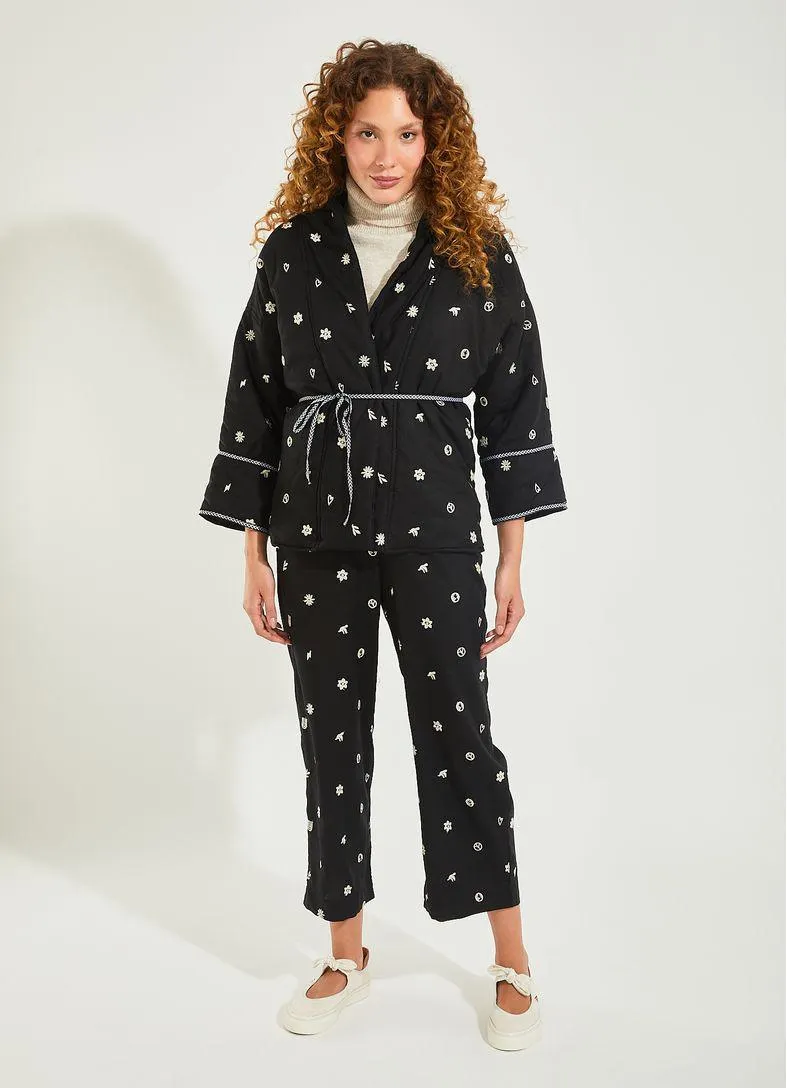 Kimono linho bordado especiarias preto