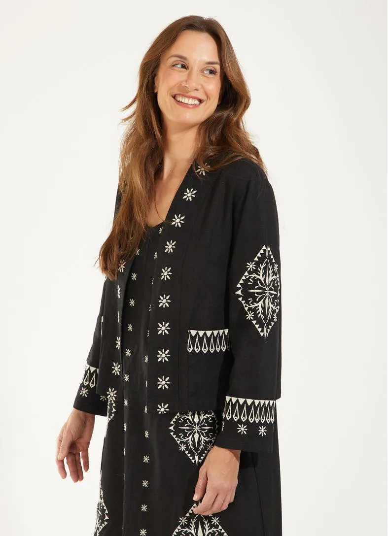 Casaco linho bordado étnico preto