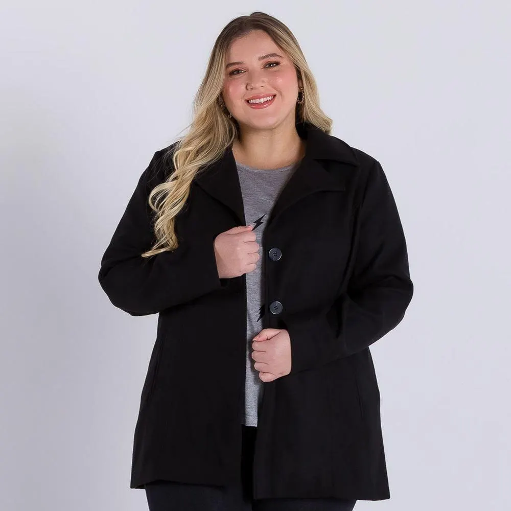 Casaco Plus Size Tradicional Lã Batida Patrícia Foster Mais Preto