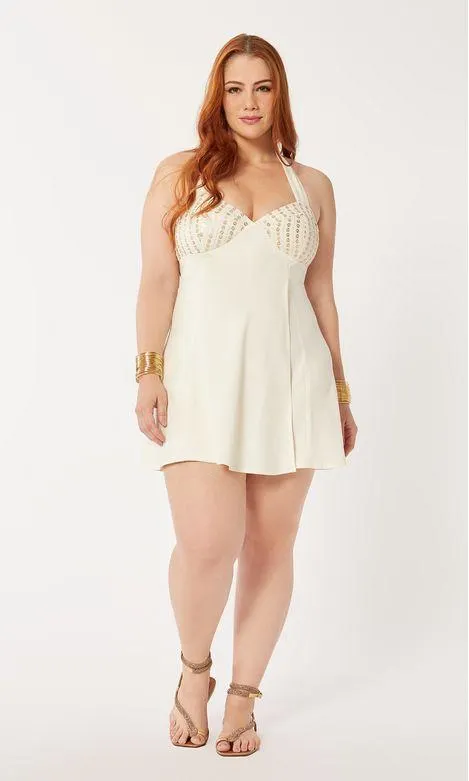 Macacaquinho Linho Bordado Paetê Dourado - Off