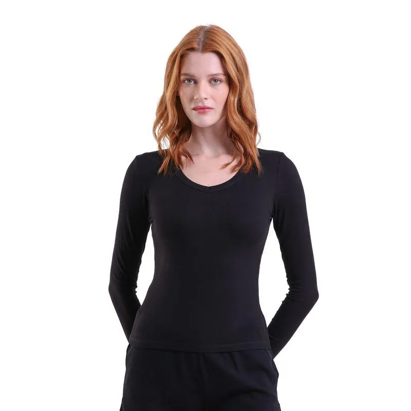 Blusa Manga Longa Decote U Canelada Trendz Preto