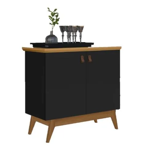 Balcão Aparador Buffet Absoluto 2 Portas com Pés de Madeira Retrô Preto/Nature J&A