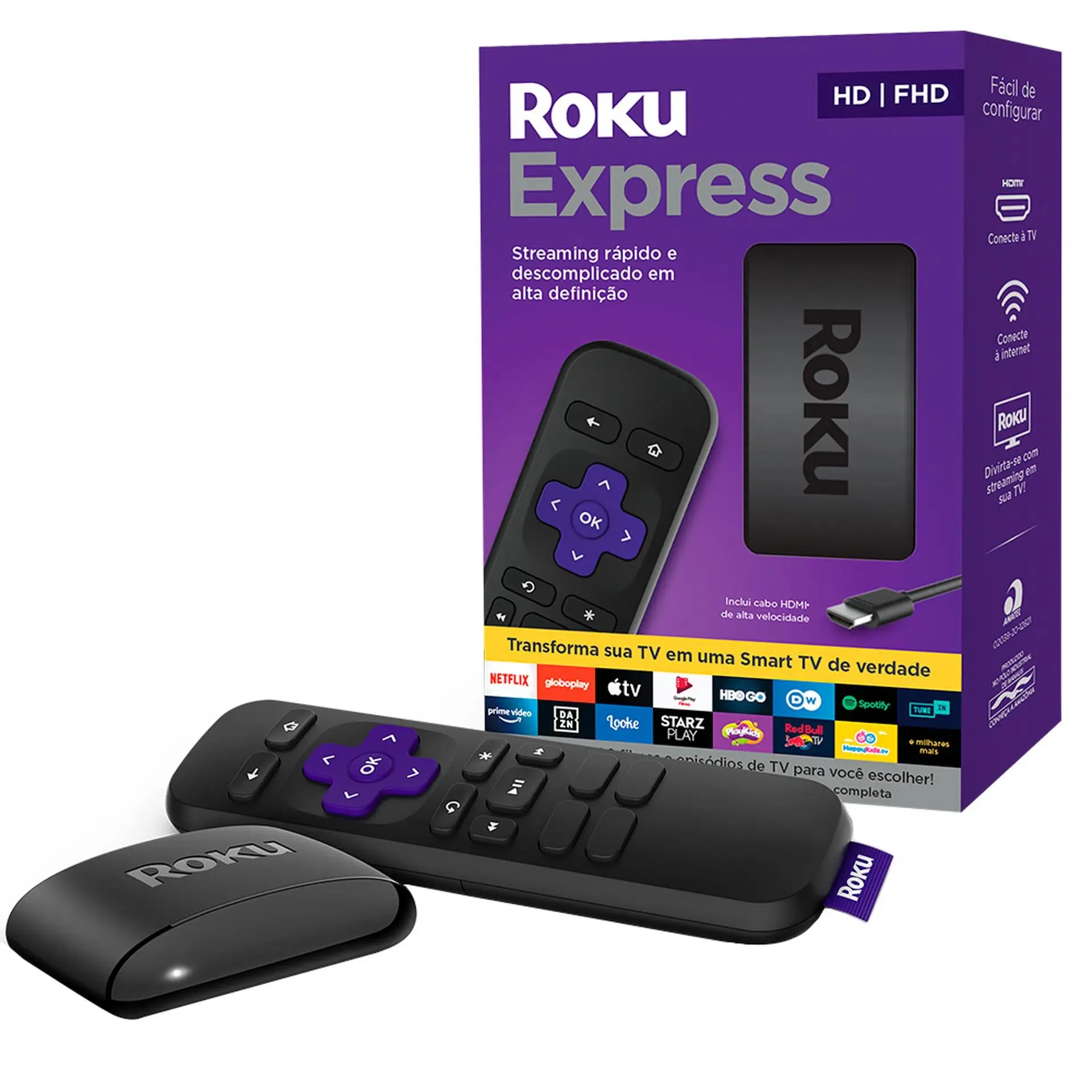 Conversor Smart TV Roku Express Streaming Player Full HD Controle Remoto