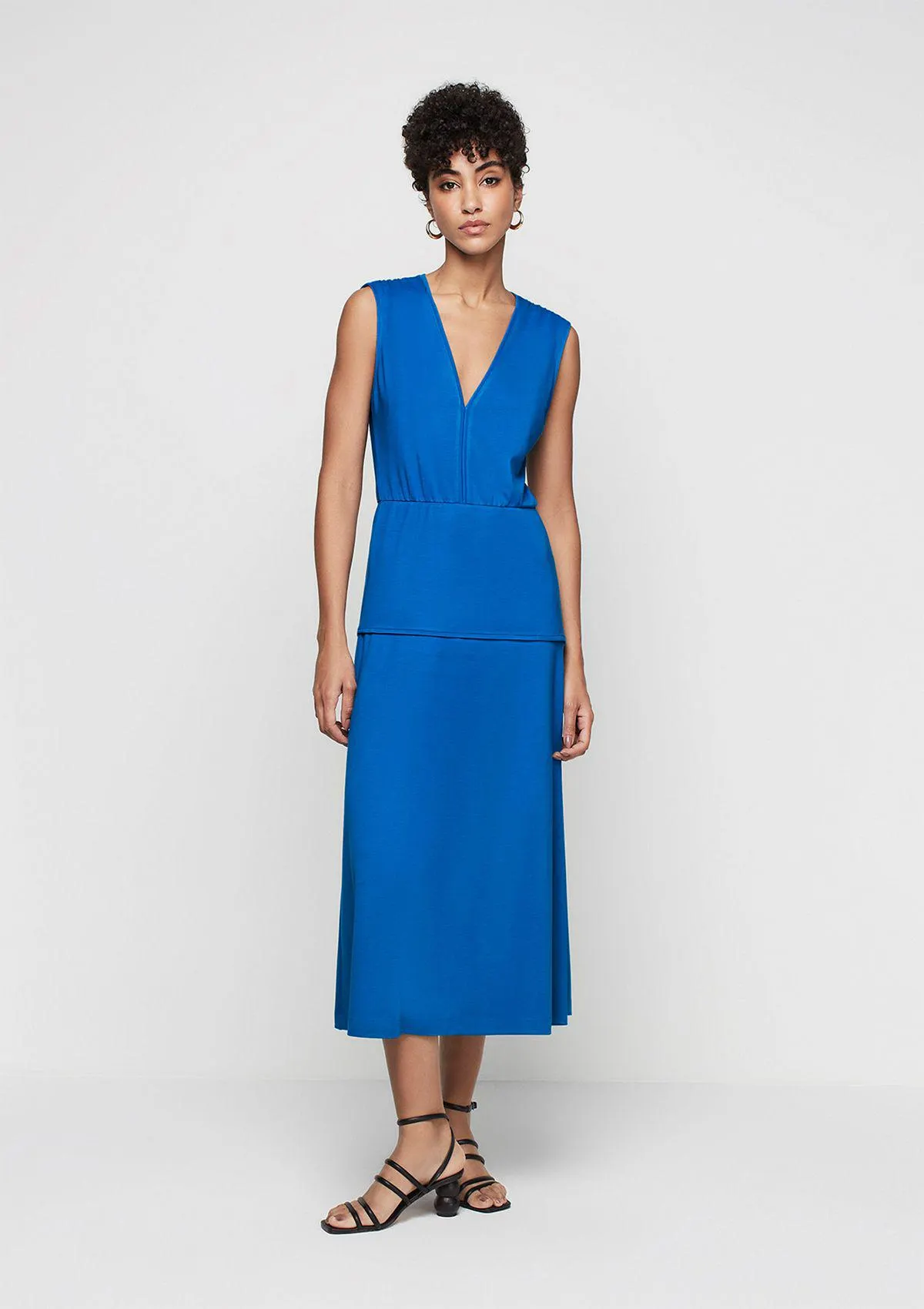 Vestido Midi Evasê Decote V - Azul