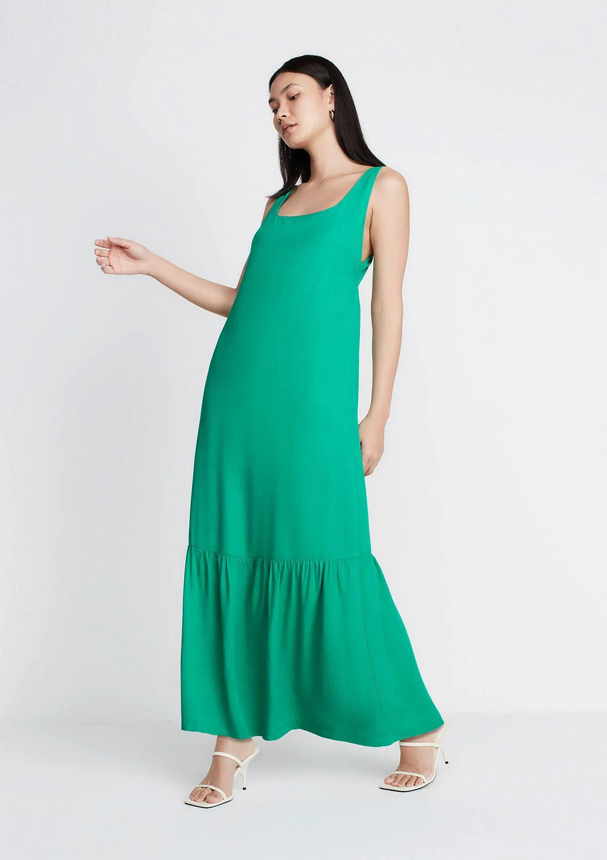 Vestido Longo Evasê Decote Quadrado - Verde