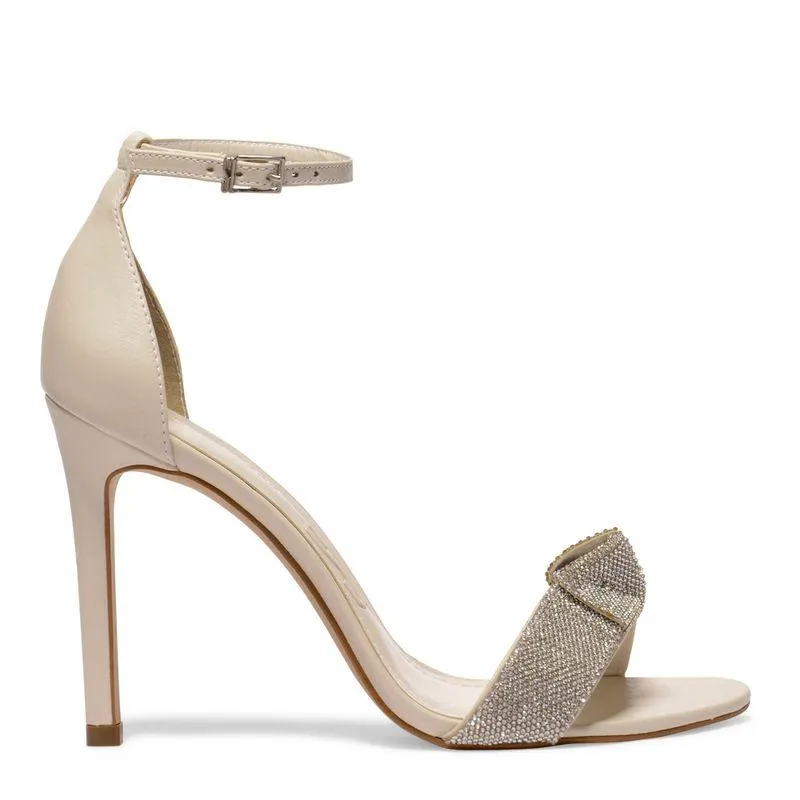 Sandália Off White Couro Salto Alto Nó Strass