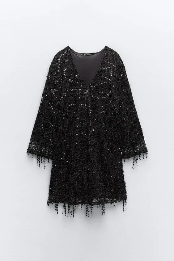 VESTIDO MINI COM LANTEJOULAS E FRANJAS