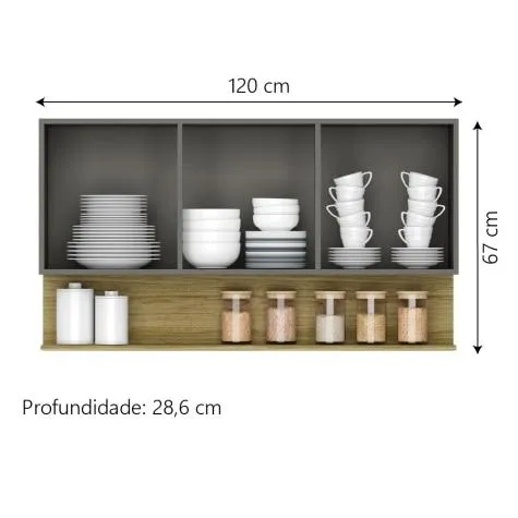 Armário Aéreo de Cozinha 3 Portas com Nicho 1,20m Freijó / Cinza Line Kits Paraná