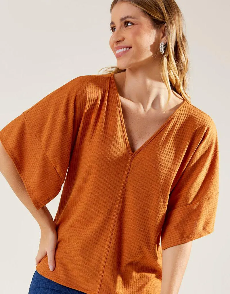 Blusa Claudia Canelado Lisa - Caramelo