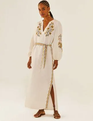 Vestido Midi Bordado Ponto Cruz Ouro