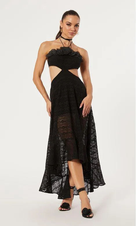 Vestido Longo Renda Bordado Decote - Preto