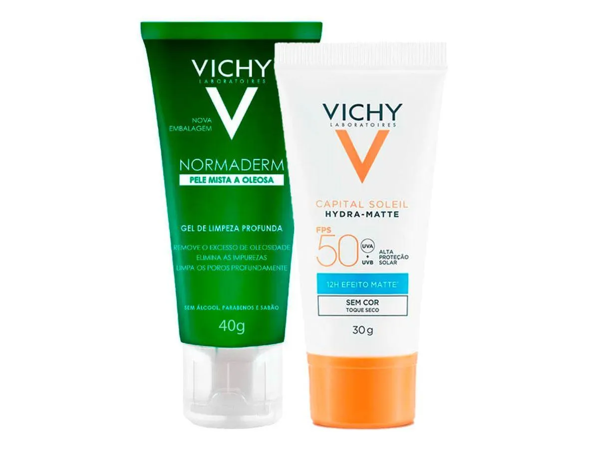 Kit Vichy Protetor Solar Facial Hydra-Matte FPS50 Sem Cor 30g + Gel de Limpeza Profunda Normaderm 40g