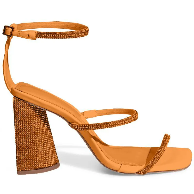 Sandália Laranja Strass Salto Bloco