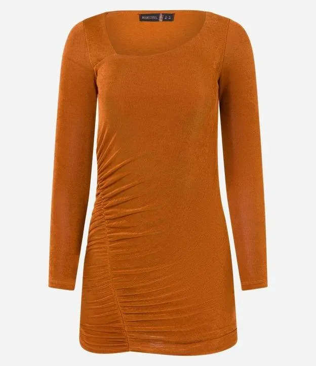 Vestido Curto com Decote Assimétrico e Franzido Caramelo