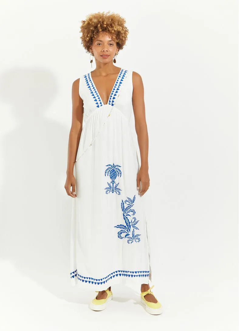 Vestido crepe bordado folhagem off white