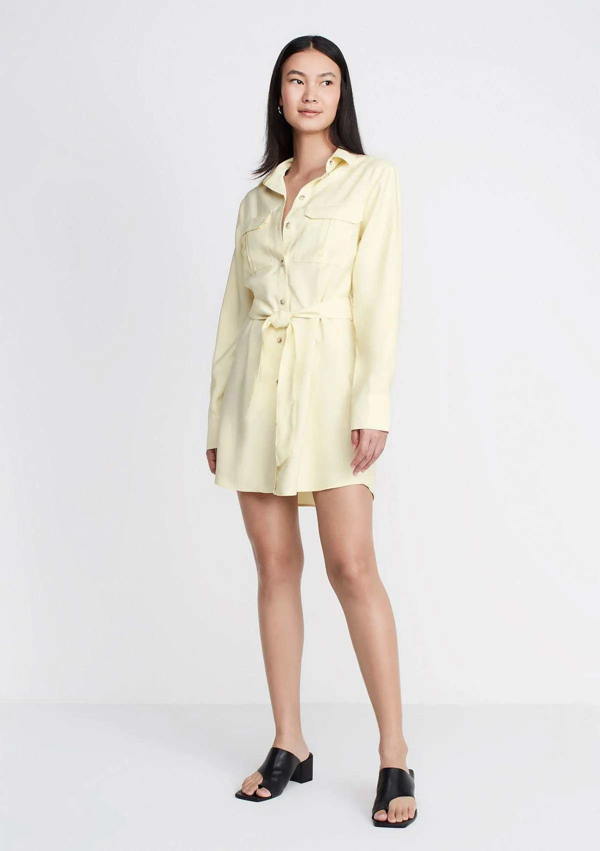 Vestido Chemise Curto Manga Longa Com Faixa - Amarelo