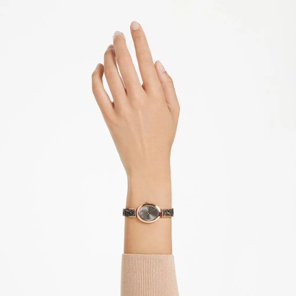 Relógio Crystal Rock Oval, Fabricação suíça, Pulseira de metal, Preto, Acabamento em rosa dourado