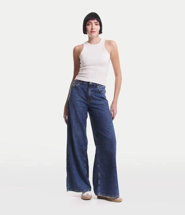 Calça Wide Leg Cintura Média em Jeans Azul Escuro