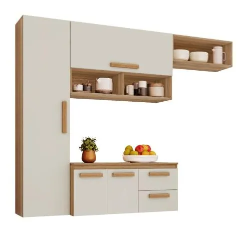 Armário de Cozinha Completa Suspenso com Balcão 4 Portas 2 Gavetas Smart Atacama / Off White Aramóveis