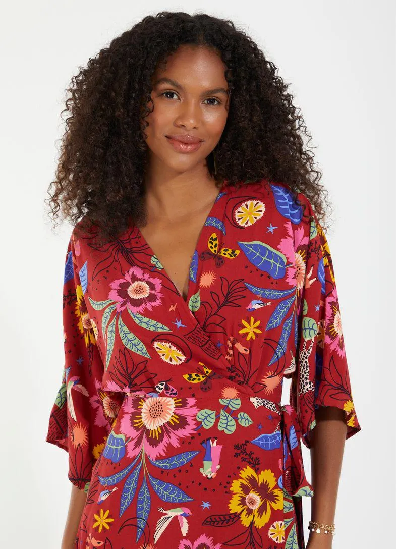 Vestido curto cachecouer estampado romance vermelho