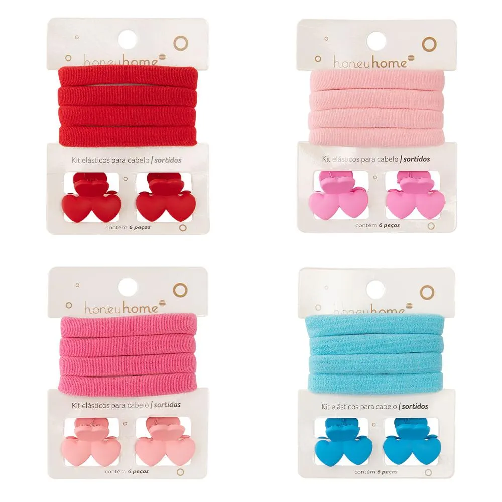 Kit 4 Elásticos Para Cabelo Com 2 Prendedores Piranha Laço, Flor Ou Coração Sortido LM2811 - honeyhome