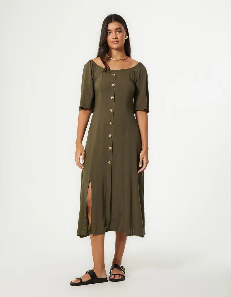 Vestido Botões Recortes Fenda - Verde Musgo