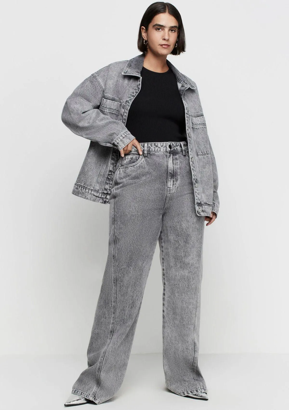 Calça Jeans Wide Leg Super Alongada Cintura Alta - Cinza