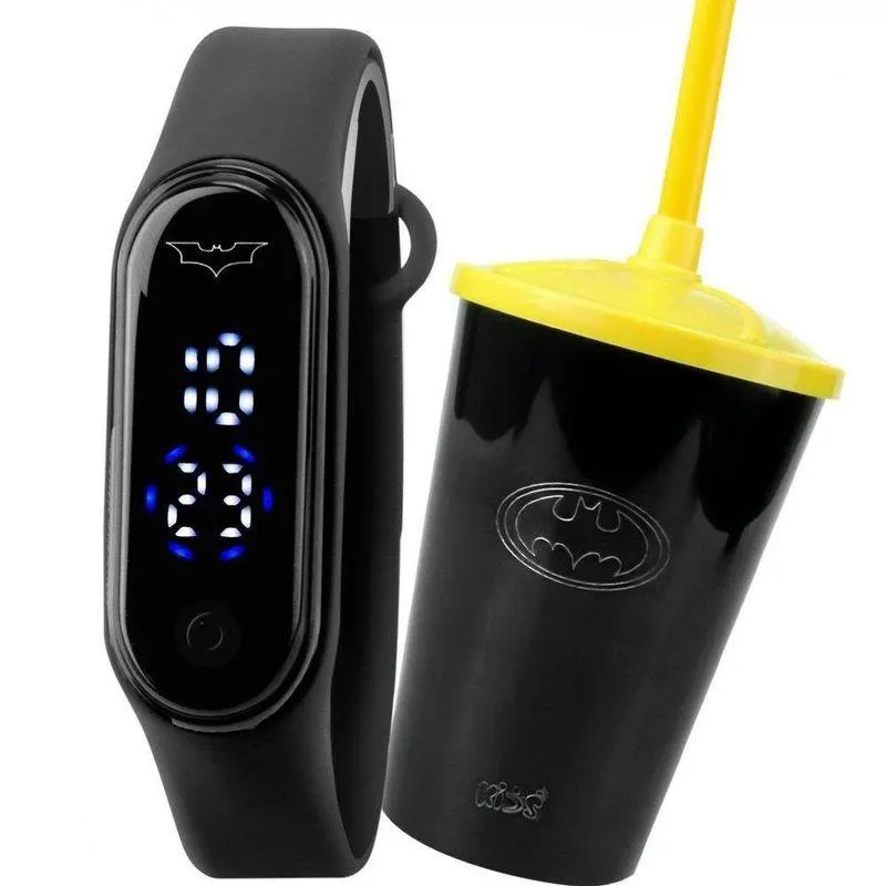 Infantil Led Relogio Digital Prova Dagua Preto + Copo Batman Silicone Preto Qualidade Premium Heroi